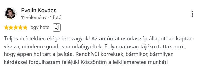 Teljes mértékben elégedett vagyok! Az autómat csodaszép állapotban kaptam vissza, mindenre gondosan odafigyeltek. Folyamatosan tájékoztattak arról, hogy éppen hol tart a javítás. Rendkívül korrektek, bármikor, bármilyen kérdéssel fordulhattam feléjük! Köszönöm a lelkiismeretes munkát!